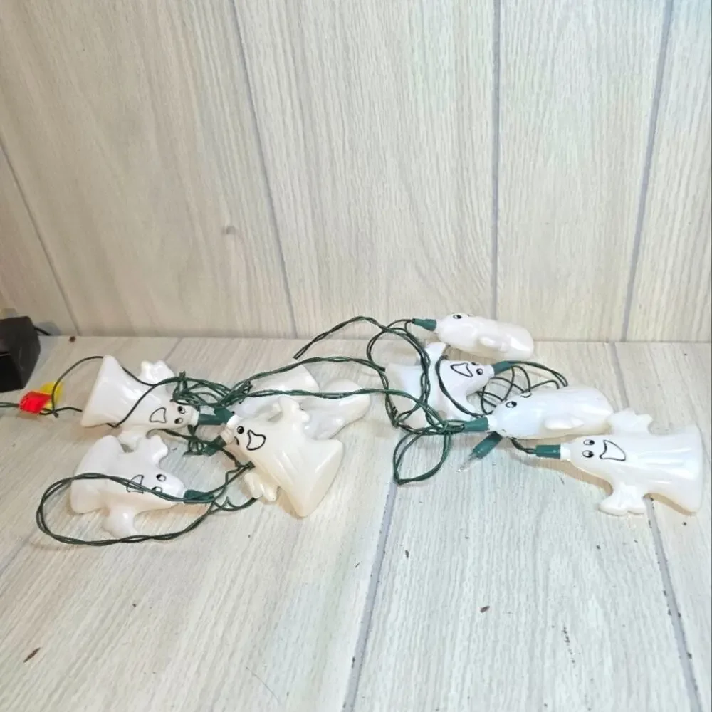 Vtg Blow Mold Scary/Happy Ghost String Lights Halloween Decorations